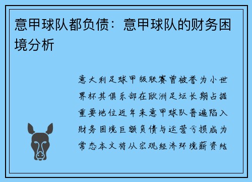 意甲球队都负债：意甲球队的财务困境分析
